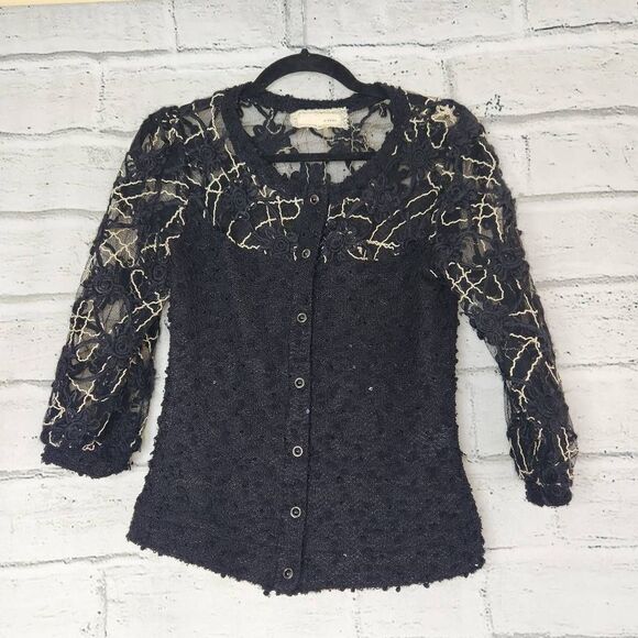 Areve Sequin Embellished Button Front Sheer Lace Cardigan Sweater Black Medium - Picture 1 of 12